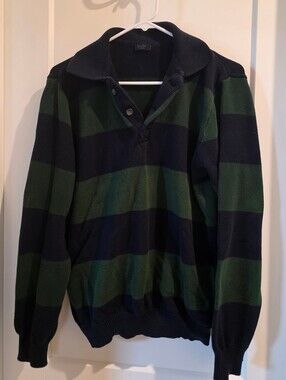 J Galt Woman's Green and Navy Striped Button Neck Sweater 2/4